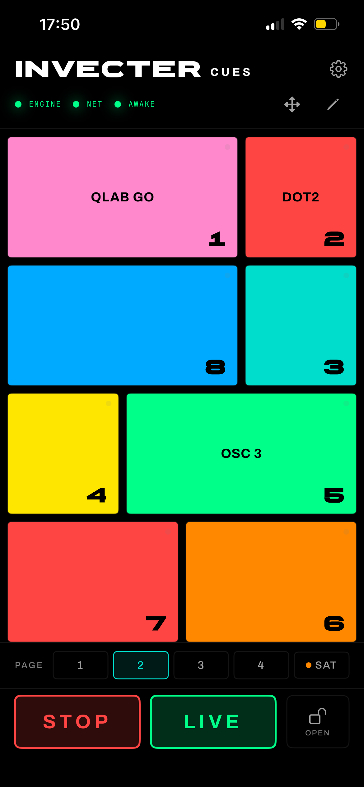 Invecter Cues grid in run mode with eight multi-size coloured pads across a four-page bank