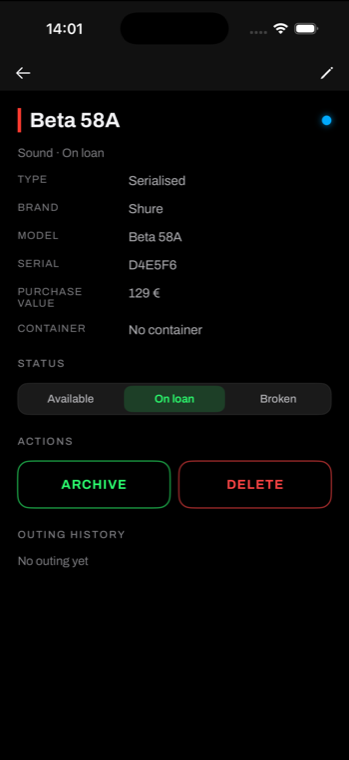 Invecter Gear item detail with status, actions and a QR label
