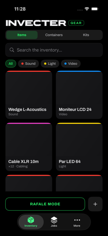 Invecter Gear inventory screen with a grid of gear cards colour-coded by category