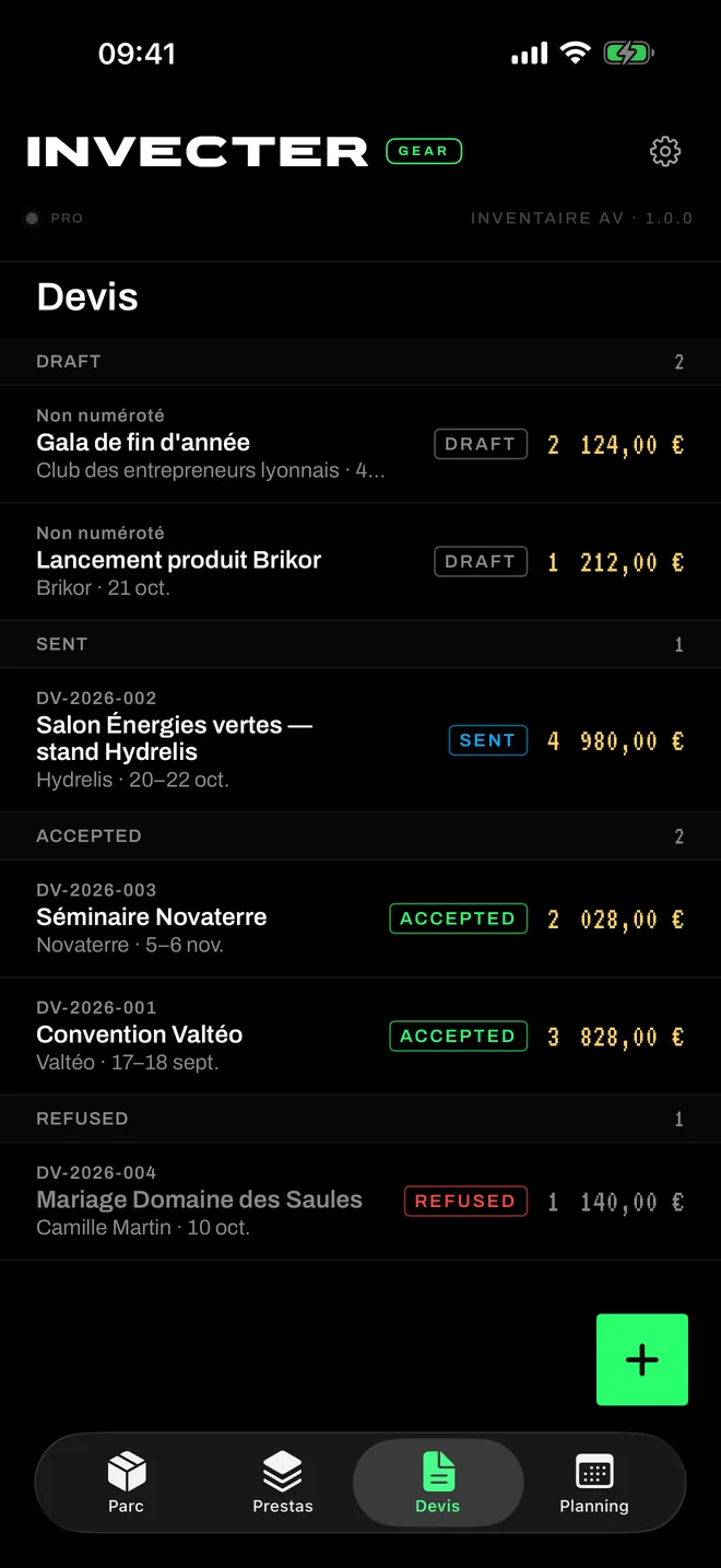 Onglet Devis d&rsquo;Invecter Gear&nbsp;: devis class&eacute;s par &eacute;tat avec leur total