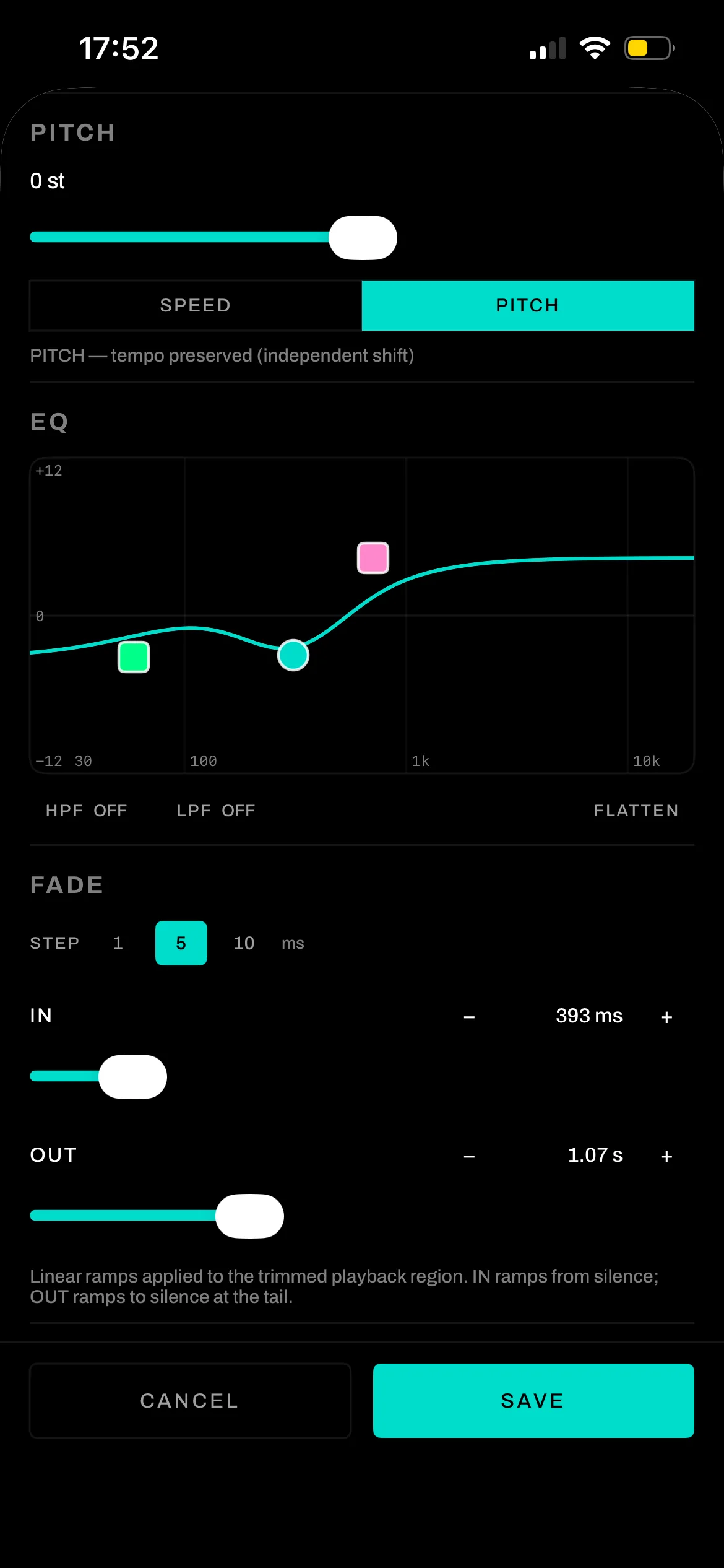 Pad editor showing pitch slider, a graphic parametric EQ curve with draggable nodes, and in/out fade sliders